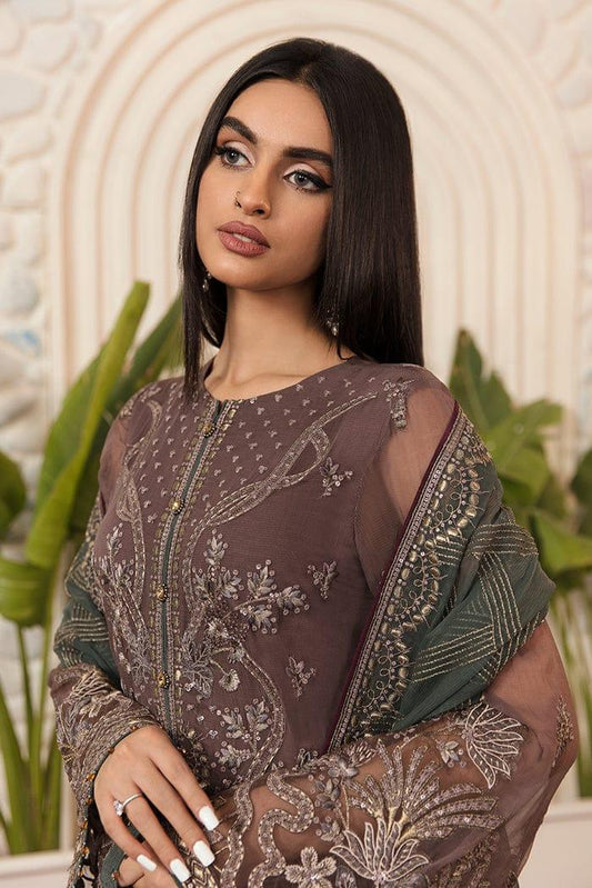 Flossie Embroidered Chiffon Suits Unstitched 3 Piece FS23EU FE-509 Cocoa Coffee - Festive Collection - Yumnaz