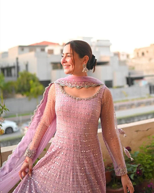 Faiza Saqlain Saeela Pink Bridal Collection Chiffon Embroidered Mirror Work 3 Pc Unstitched - Yumnaz