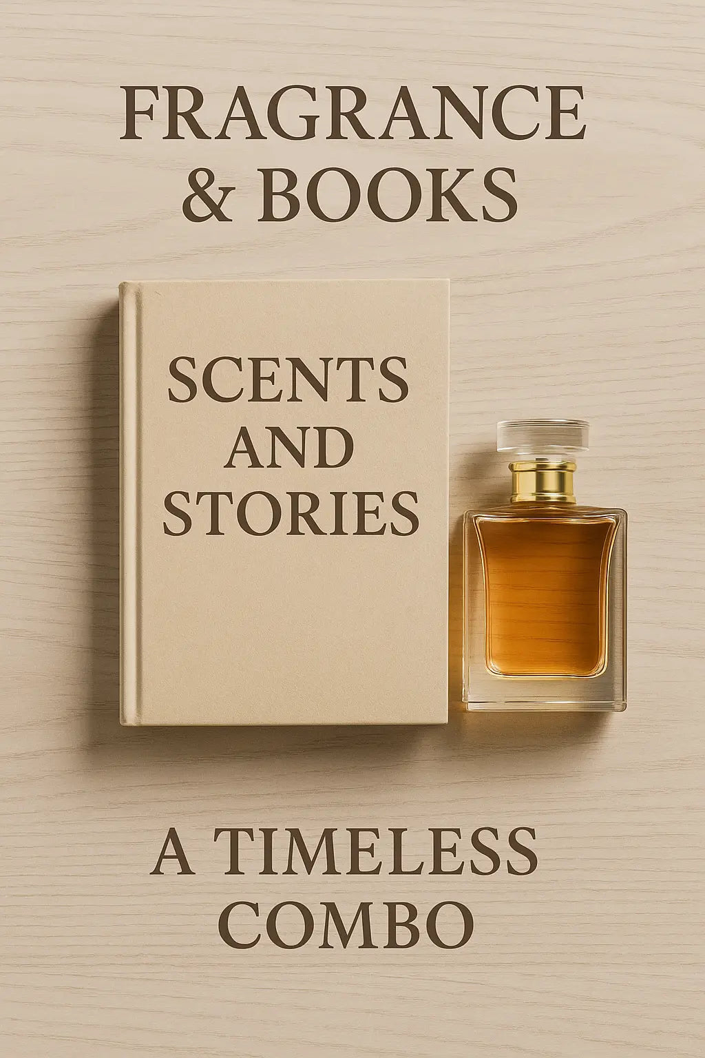 Flat lay of a perfume bottle and a book titled Scents and Stories – ideal gift combo for fragrance and book lovers in Pakistan