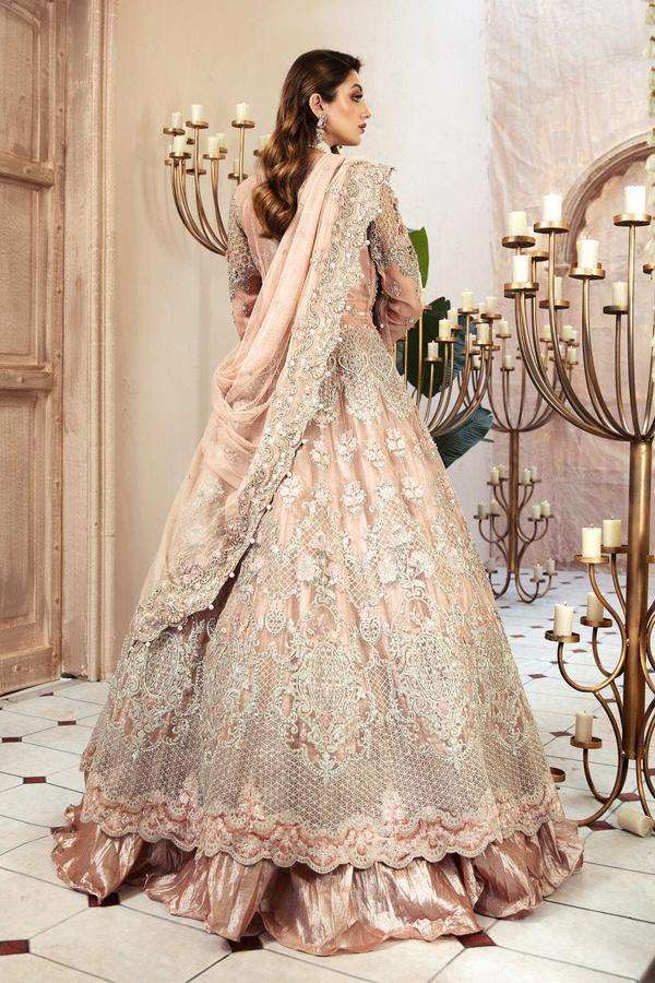 Maria.B Bridal Couture Net Embroidered Unstitchwed Powder Pink Maxi MC-031 - Yumnaz