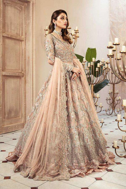 Maria.B Bridal Couture Net Embroidered Unstitchwed Powder Pink Maxi MC-031 - Yumnaz