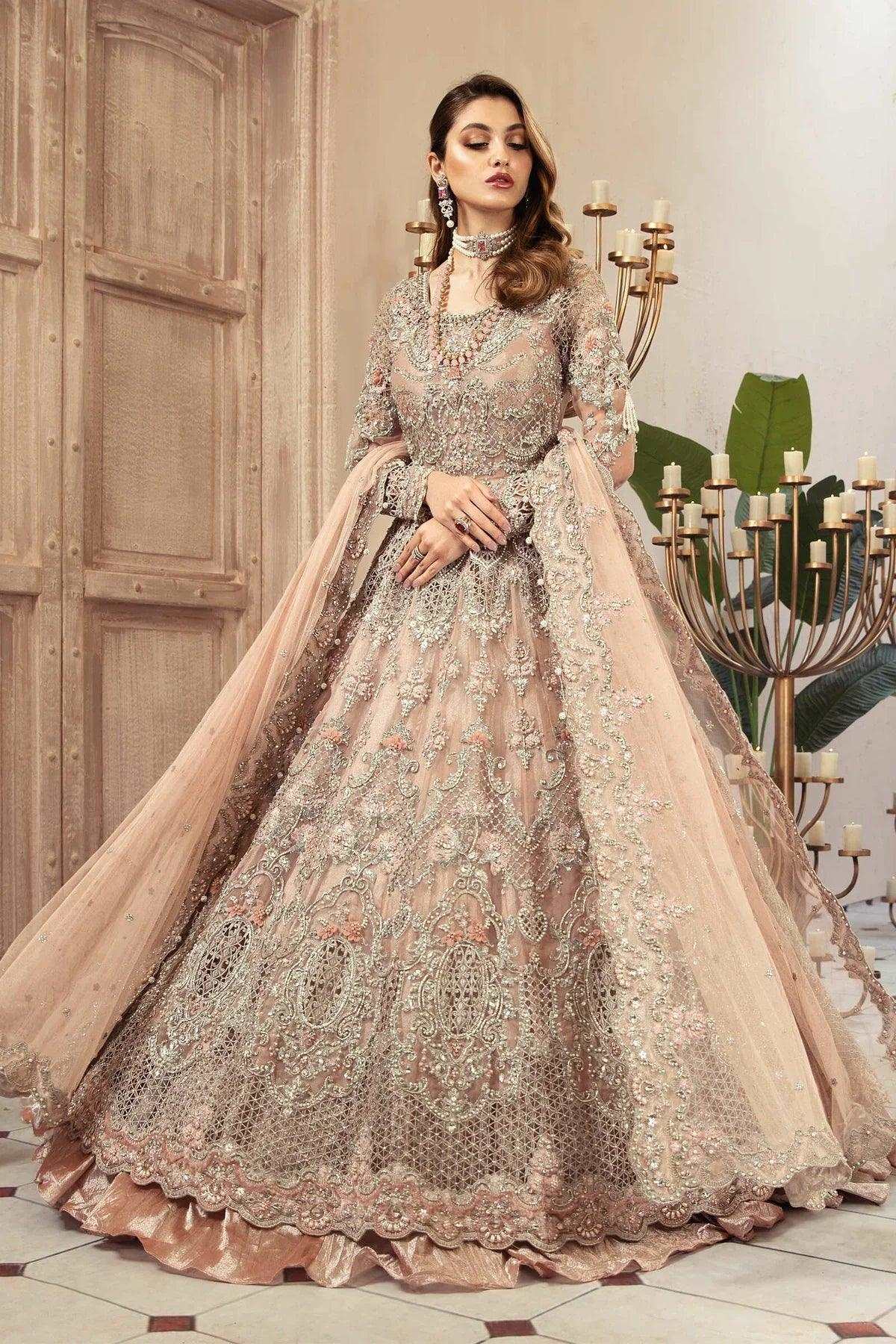 Maria.B Bridal Couture Net Embroidered Unstitchwed Powder Pink Maxi MC-031 - Yumnaz