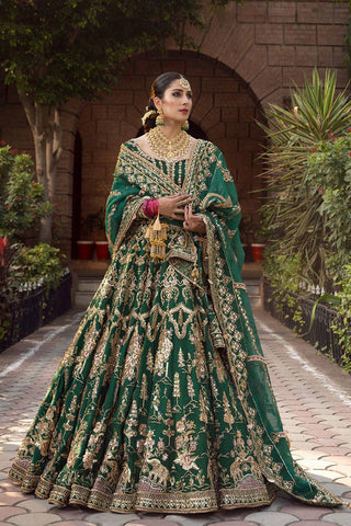 Mohsin Naveed Ranjha Nazneen Unstitched Gold Green Lehenga Choli Formal Collection on Raw Silk - Yumnaz