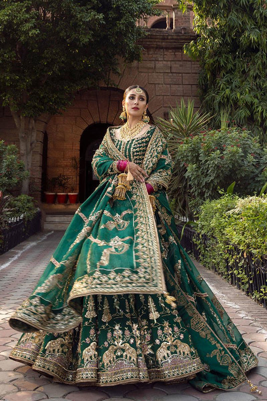 Mohsin Naveed Ranjha Nazneen Unstitched Gold Green Lehenga Choli Formal Collection on Raw Silk - Yumnaz