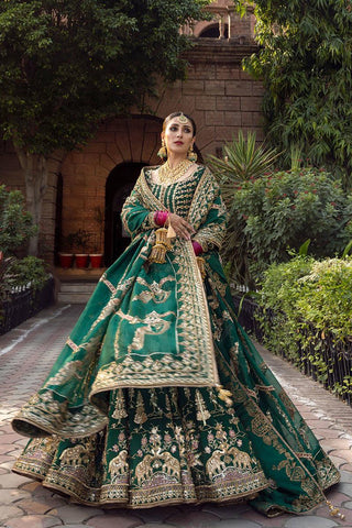 Mohsin Naveed Ranjha Nazneen Unstitched Gold Green Lehenga Choli Formal Collection on Raw Silk - Yumnaz