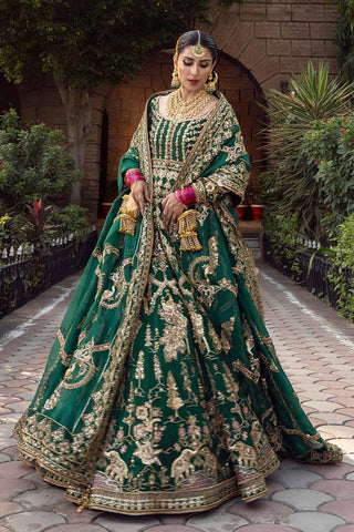 Mohsin Naveed Ranjha Nazneen Unstitched Gold Green Lehenga Choli Formal Collection on Raw Silk - Yumnaz