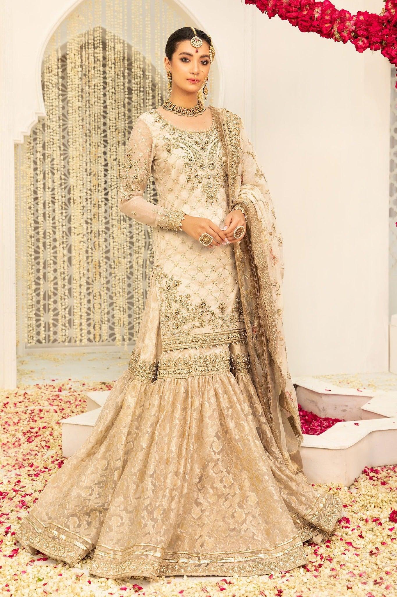Maria.B Couture Ivory Gold MC-047 3 Pieces Unstitch Fully Hand Work - Yumnaz
