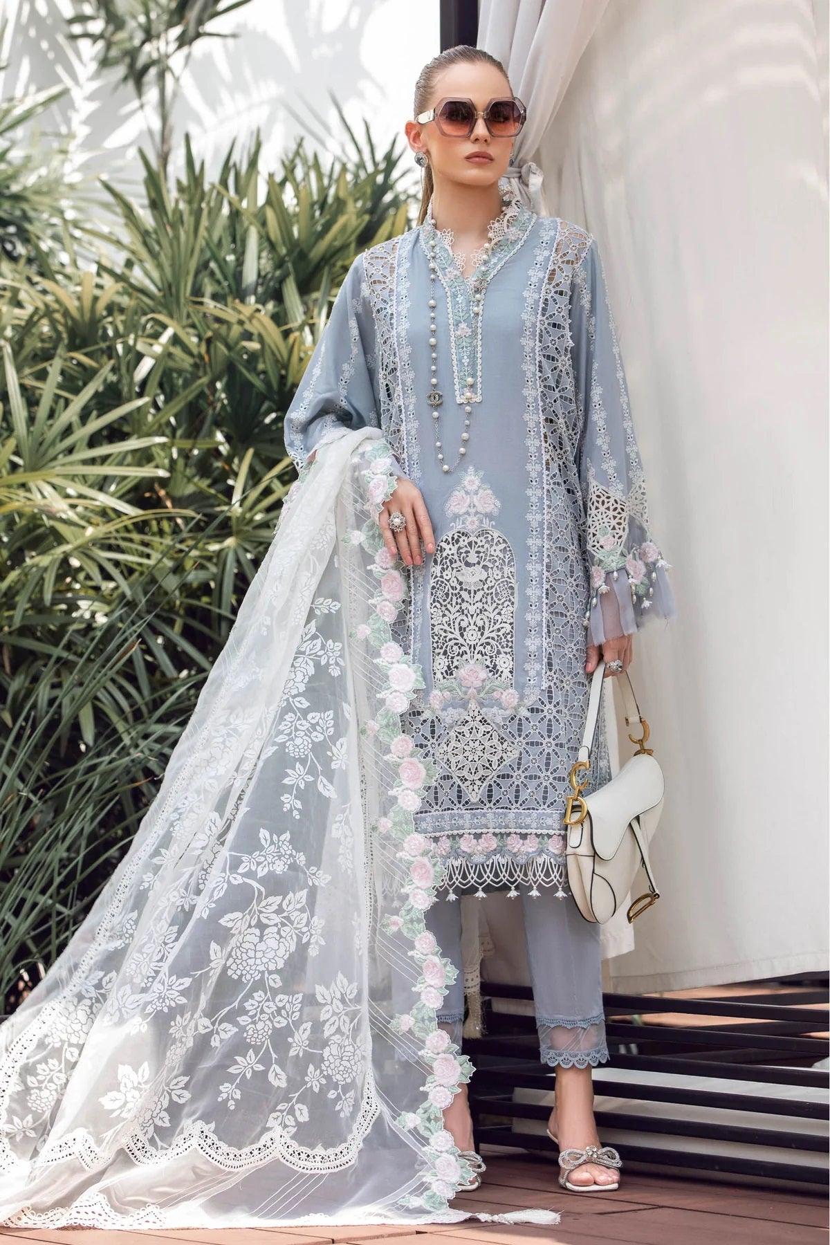 Maria.B Luxury Lawn Collection 3 Pieces Unstitched D-10 Ice Blue