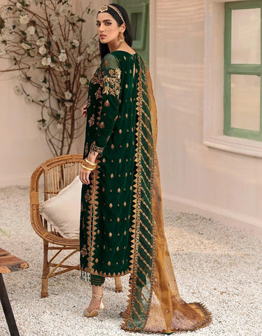 Emaan Adeel Makhmal Unstitched Luxury Velvet 3Pc Embroidered Suit MK-305 Green - Yumnaz