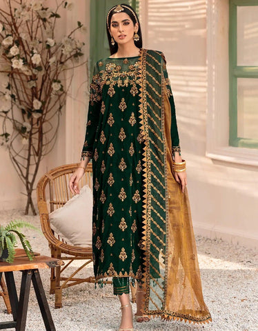 Emaan Adeel Makhmal Unstitched Luxury Velvet 3Pc Embroidered Suit MK-305 Green - Yumnaz
