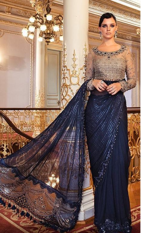 Maria.B Embroidered Chiffon Unstitched Saree D-04 - Wedding Collection Ink Blue and Coffee BDS-2004 - Yumnaz
