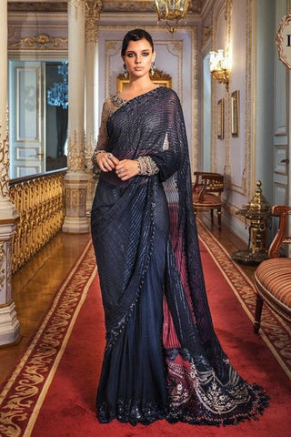 Maria.B Embroidered Chiffon Unstitched Saree D-04 - Wedding Collection Ink Blue and Coffee BDS-2004