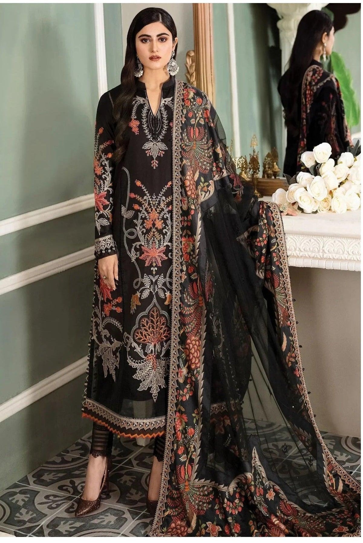 Maria.B Sateen 3 Pc Unstitched Lawn Collection Embroidered Suit D-05