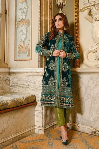 Maria.B MBROIDERED TEAL MICRO VELVET 4 PC Unstitched - Yumnaz