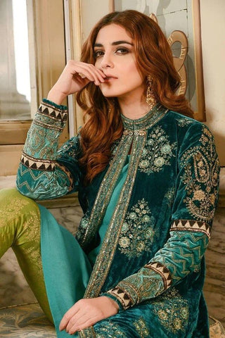 Maria.B MBROIDERED TEAL MICRO VELVET 4 PC Unstitched - Yumnaz