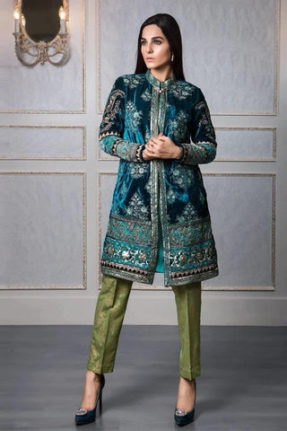 Maria.B MBROIDERED TEAL MICRO VELVET 4 PC Unstitched - Yumnaz