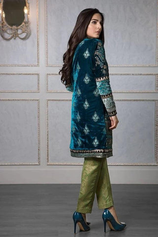 Maria.B MBROIDERED TEAL MICRO VELVET 4 PC Unstitched - Yumnaz