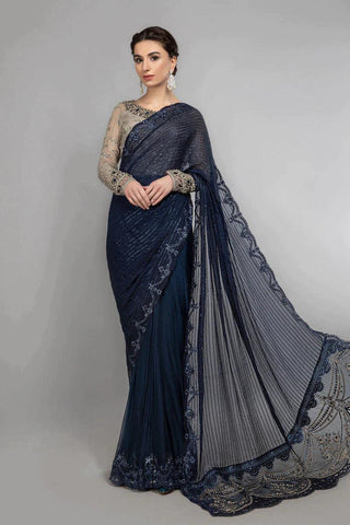 Maria.B Embroidered Chiffon Unstitched Saree D-04 - Wedding Collection Ink Blue and Coffee BDS-2004