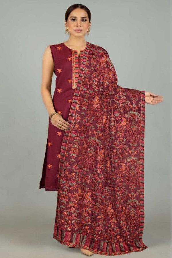 Bareeze äóñ Isna Maroon 3 Pc Embroidered Suit With Embroidered Karandi Shawl - Yumnaz