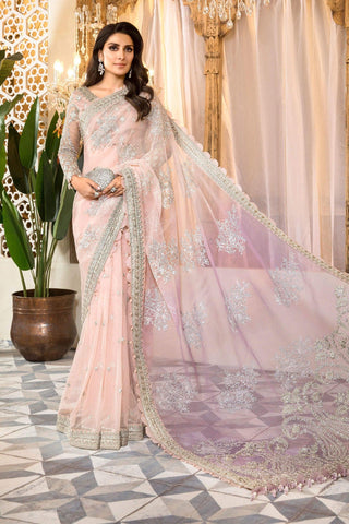 Maria.B Mbroidered Heritage Edition ROSE PINK & LILAC Unstitched Net Saree - Yumnaz